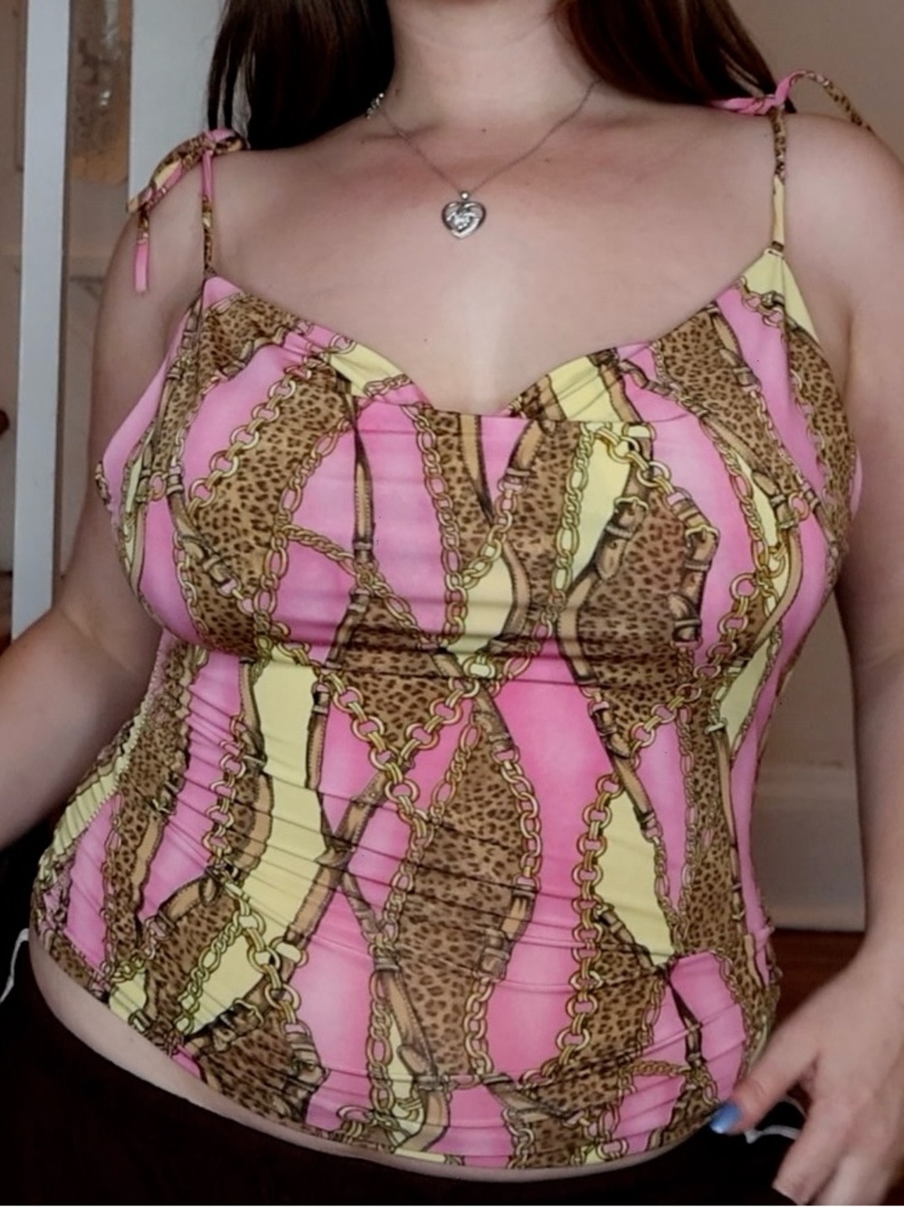 Women’s Pink & Yellow Chain-Print Tie-Strap Cami Top
